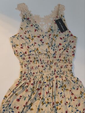 Nali Collection Floral Romper Cream Lace Trim Smocked Waist Boho Summer Jumpsuit